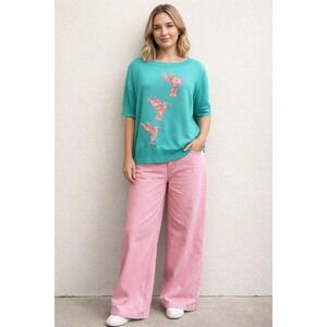 Twiggy London Teal Hummingbird Embroidered Knit Sweater Top 2X Short Sleeve